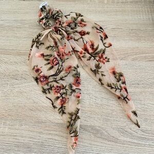 UO Pink Floral Velvet Burnout Hair Scrunchie Hair Scarf with Long Tail